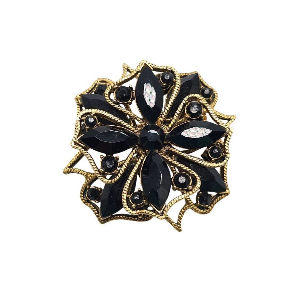 Vintage Gold Tone Brooch With Black Faceted Rhinestones Floral Design